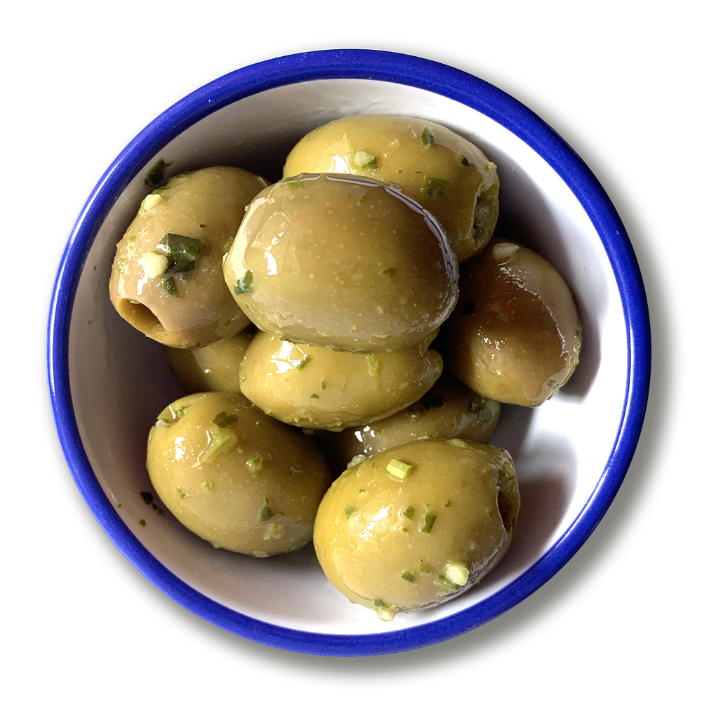 Real Olive Garlic & Basil Pitted Olives 12 x 50g